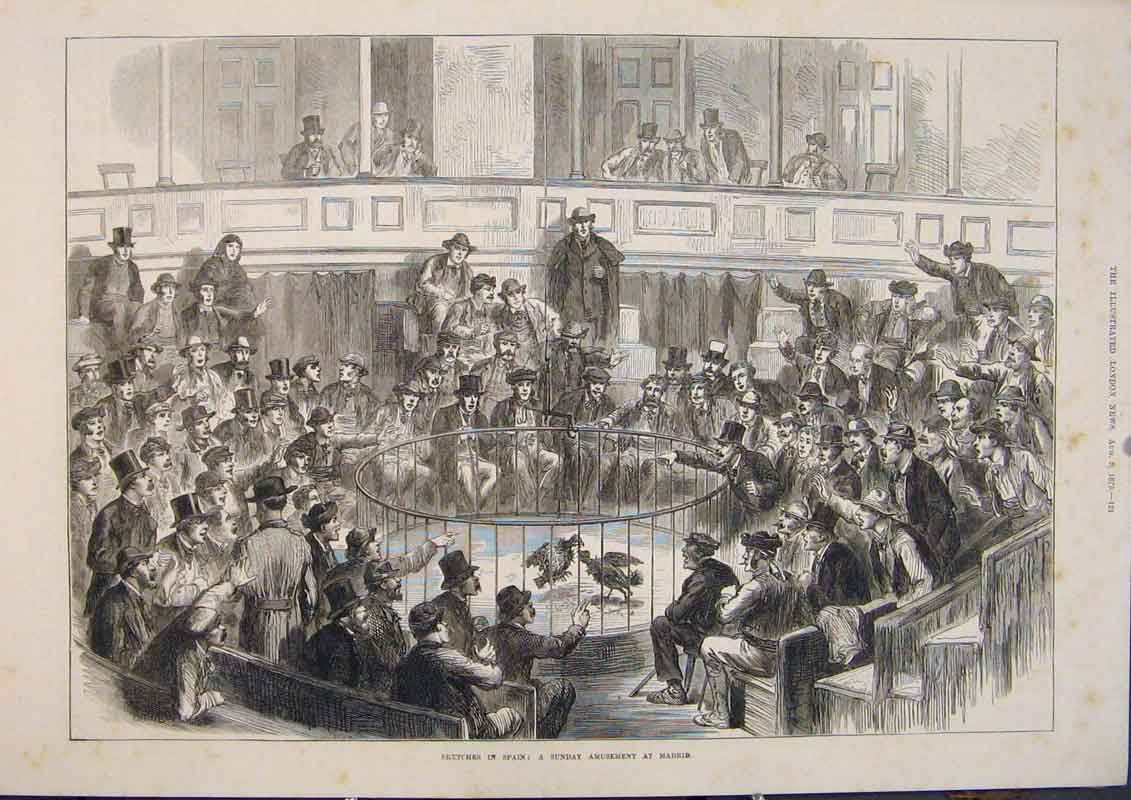 Original Old Antique Print Sketches Spain Amusements Madrid 1873 19th