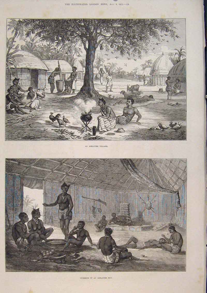 Original Old Antique Print Ashantee Village Hut Africa Natives 1873 Victorian