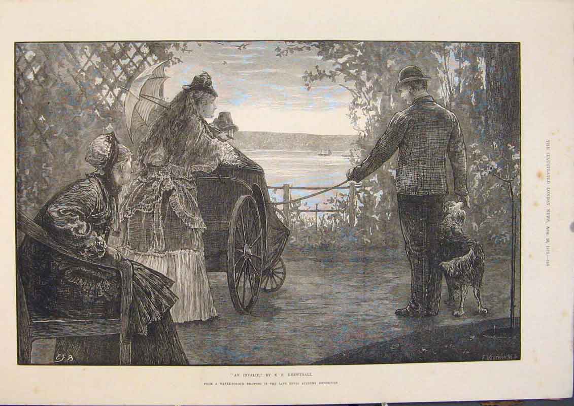 Original Old Antique Print Invalid Brewtnall Water-Colour Drawing 1873 Victorian