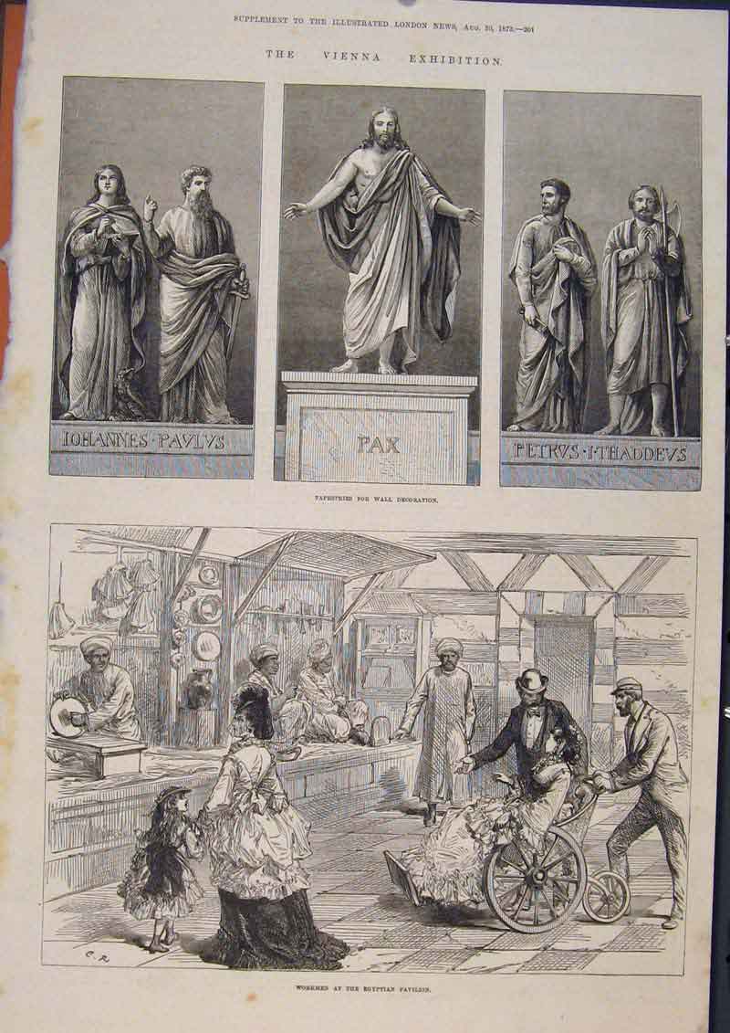 Original Old Antique Print Tapestry Workmen Egyptian Pavilion 1873 Victorian