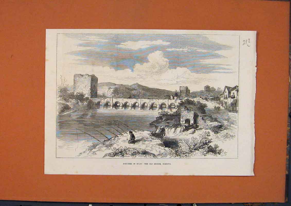 Original Old Antique Print Sketches Spain Bridge Cordova Fishing 1873 Victorian