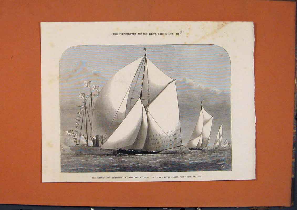 Old Antique Print Cutter Yacht Kriemhailda Royal Albert Club Regatta 1873 19th