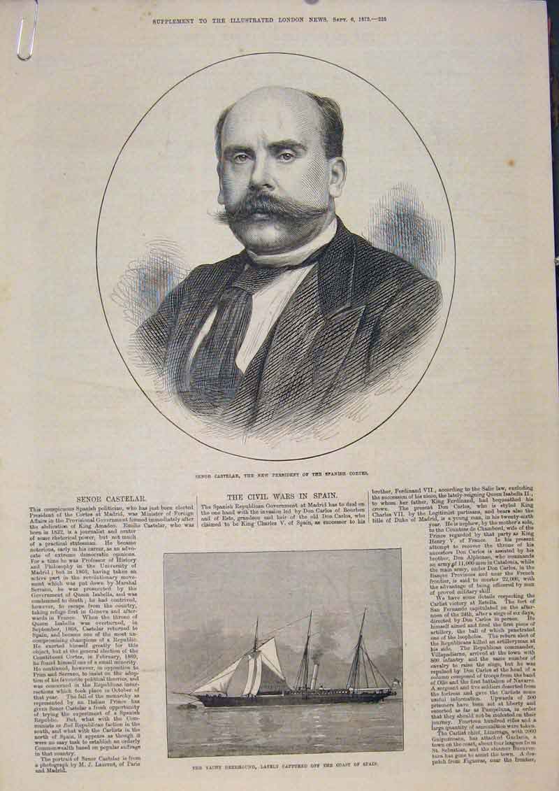 Old Antique Print Portrait Castelar Spain Yacht Deerhound Civil War 1873 19th