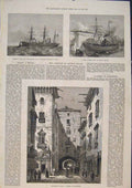 Original Old Antique Print Whale Telegraph London Bridge Barcelona Spain 1873