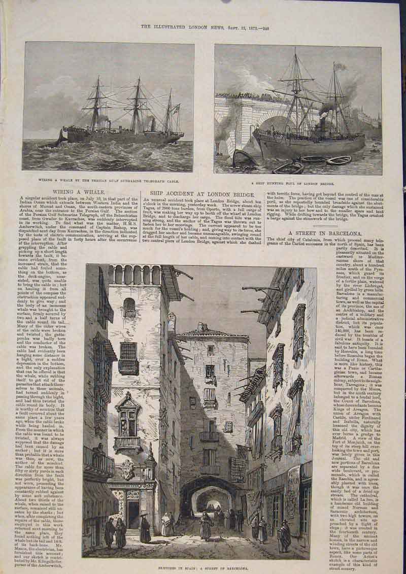 Original Old Antique Print Whale Telegraph London Bridge Barcelona Spain 1873