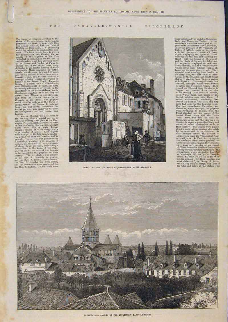 Old Antique Print Chapel Convent Garden Paray-Le-Monial Pilgrimage 1873 19th