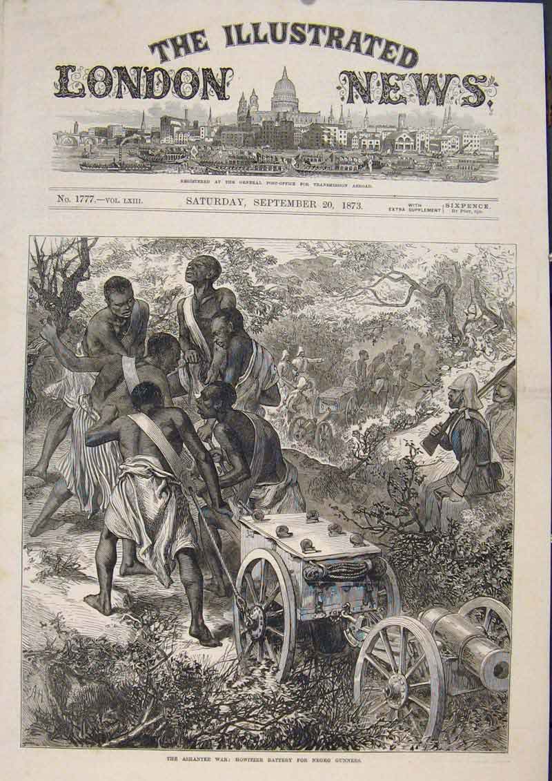 Original Old Antique Print Ashantee War Howitzer Battery Negro Gunners 1873 19th