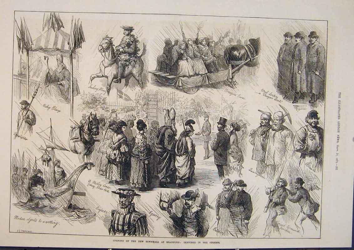 Original Old Antique Print Townhall Bradford Sketches Staniland 1873 Victorian