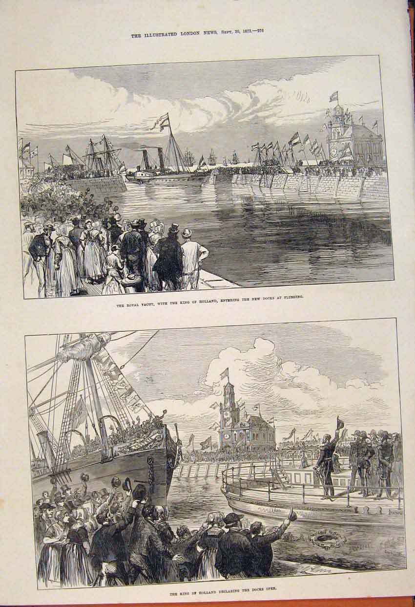 Original Old Antique Print Royal Yacht King Holland Flushing Docks 1873 19th