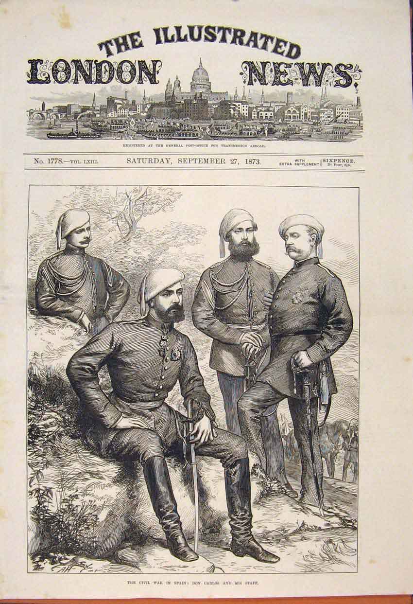 Original Old Antique Print Civil War Spain Don Carlos Staff Siers 1873 Victorian