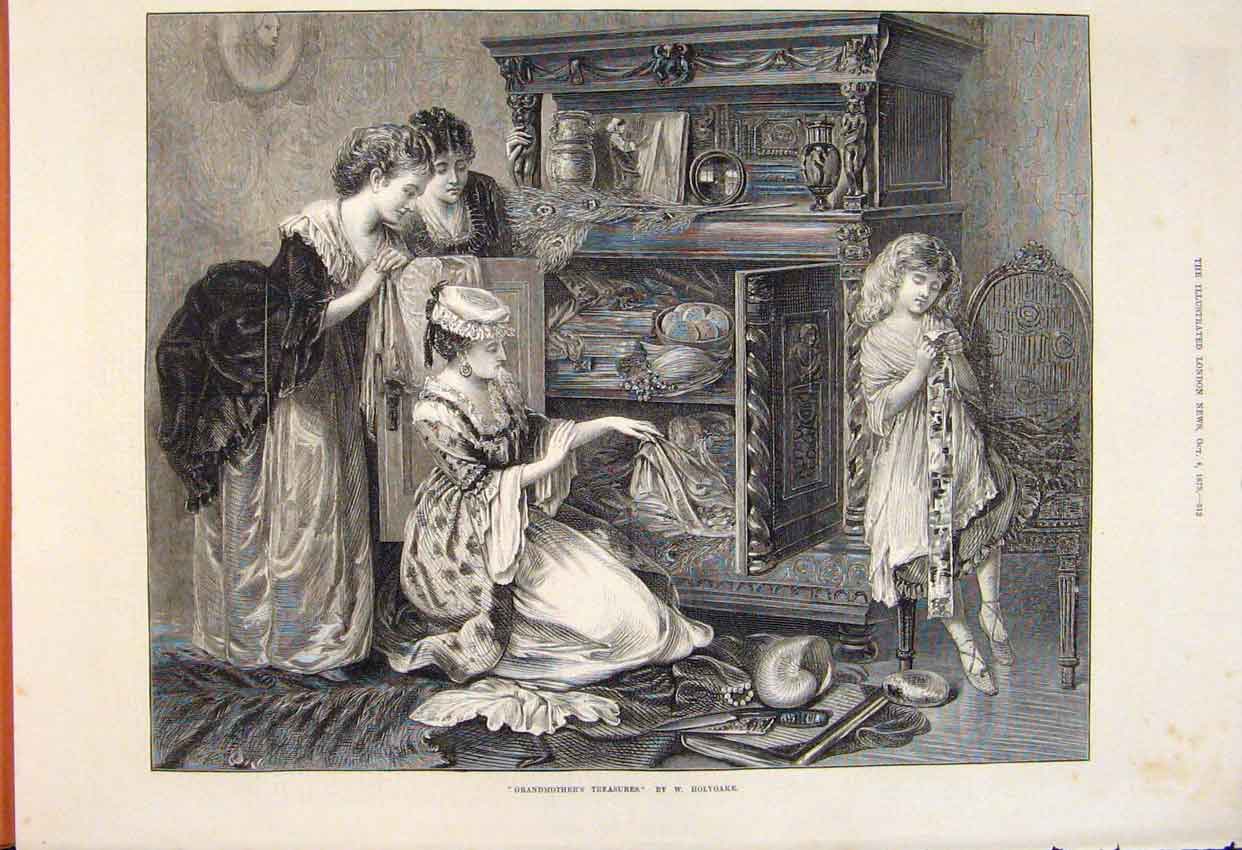 Original Old Antique Print Grandmother'S Treasures Holyoake Fine Art 1873 19th