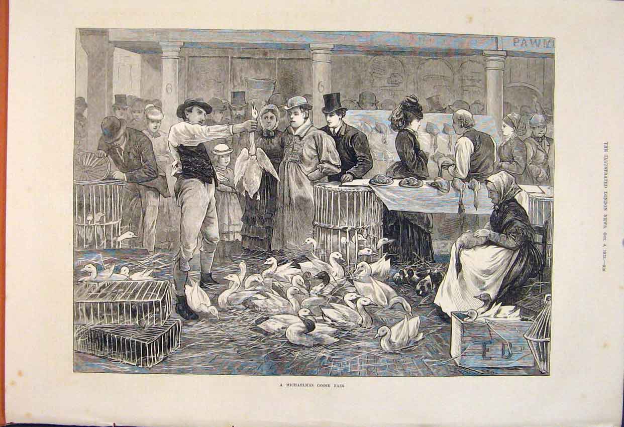 Original Old Antique Print Michaelmas Goose Fair Christmas 1873 19th