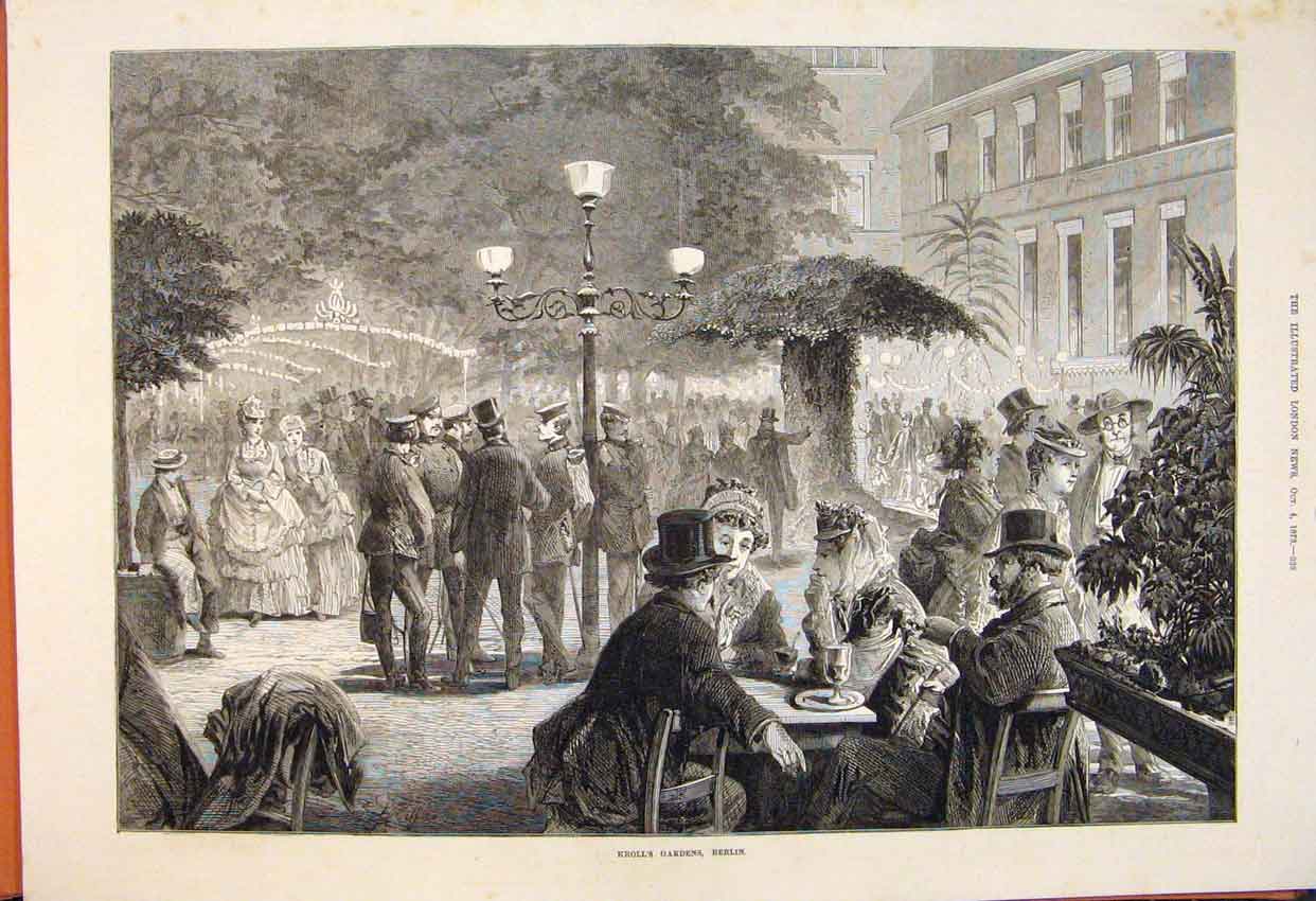 Original Old Antique Print Kroll'S Gardens Berlin Germany 1873 19th