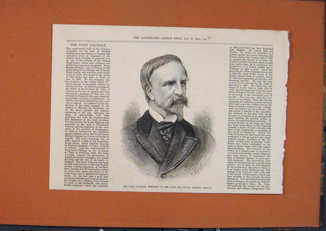 Old Antique Print Portrait Duke D'Aumale President Court Marshall Bazaine
