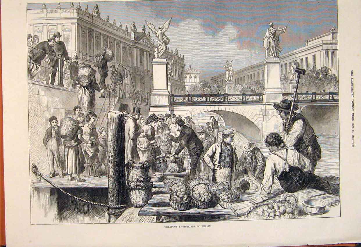 Old Antique Print Unlading Fruit Boats Berlin Germany German Market 1873 19th