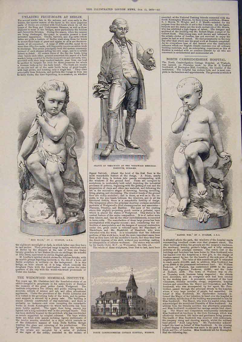 Original Old Antique Print Statue Wedgwood Burslam Durham Hospital Wisbech 1873