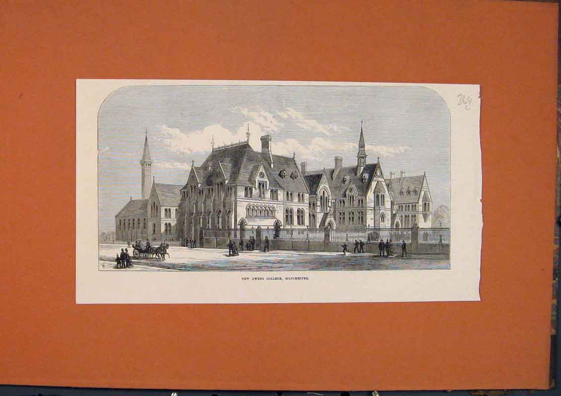 Original Old Antique Print Manchester Owens College Building 1873 Victorian