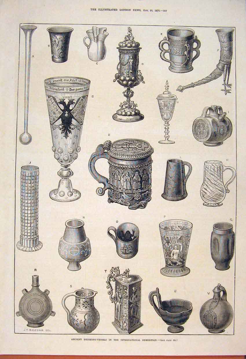 Old Antique Print Ancient Drinking Vessels International Exhibition 1873 19th