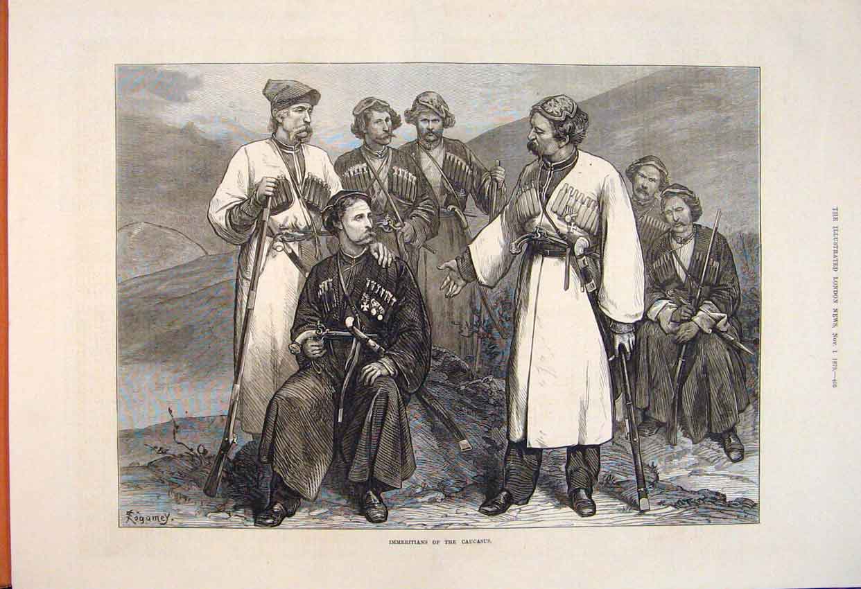 Original Old Antique Print Immeritians Causasus People Portrait Group 1873 19th