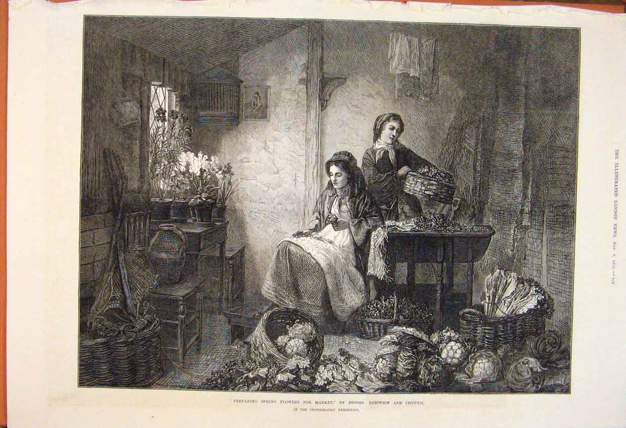 Original Old Antique Print Spring Flowers Market Robinson Cherril Ladies 1873