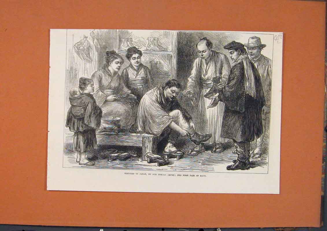 Original Old Antique Print Sketches Japan Boots Japanese 1873 19th