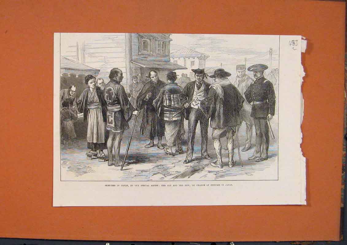 Original Old Antique Print Sketches Japan New Costume Japanese 1873 Victorian