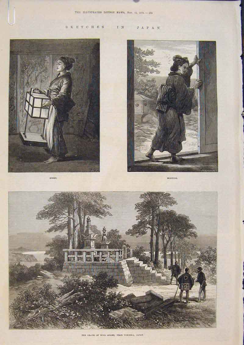 Original Old Antique Print Sketches Japan Gave Adams Yokoska China Moshima 1873