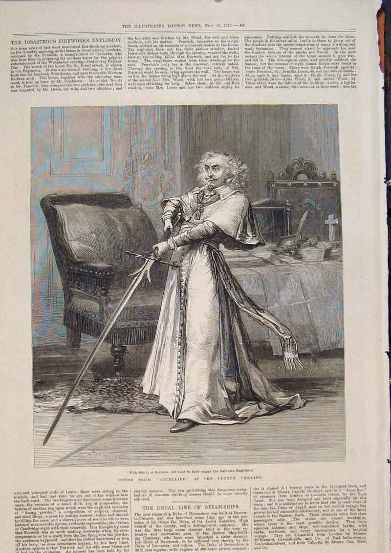 Original Old Antique Print Lyceum Theatre Richelieu London Actor 1873 Victorian