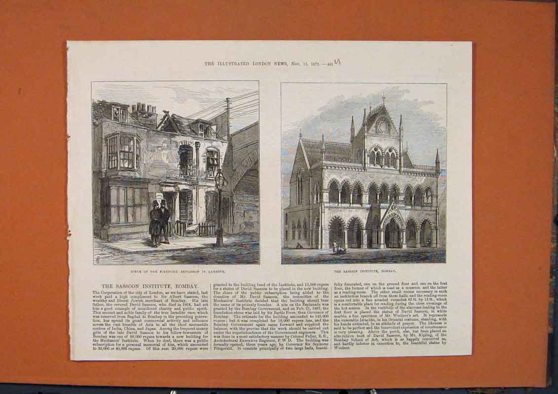Original Old Antique Print Lambeth Sassoon Institute Bombay Fireworks 1873 19th