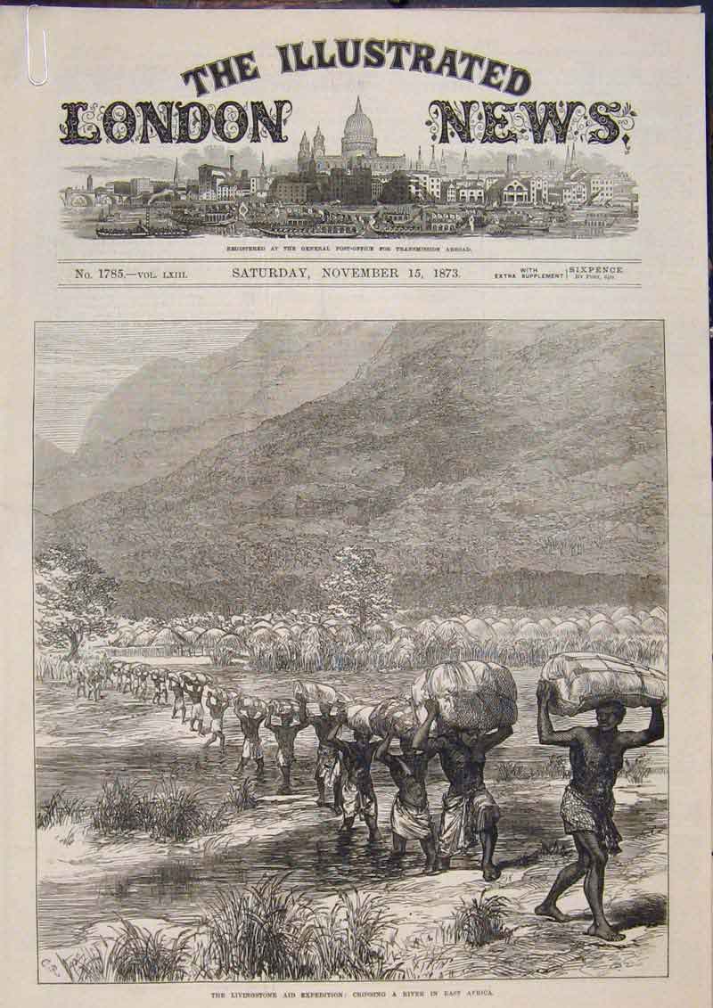 Original Old Antique Print Livingstone Aid Expedition Africa River Usagara 1873