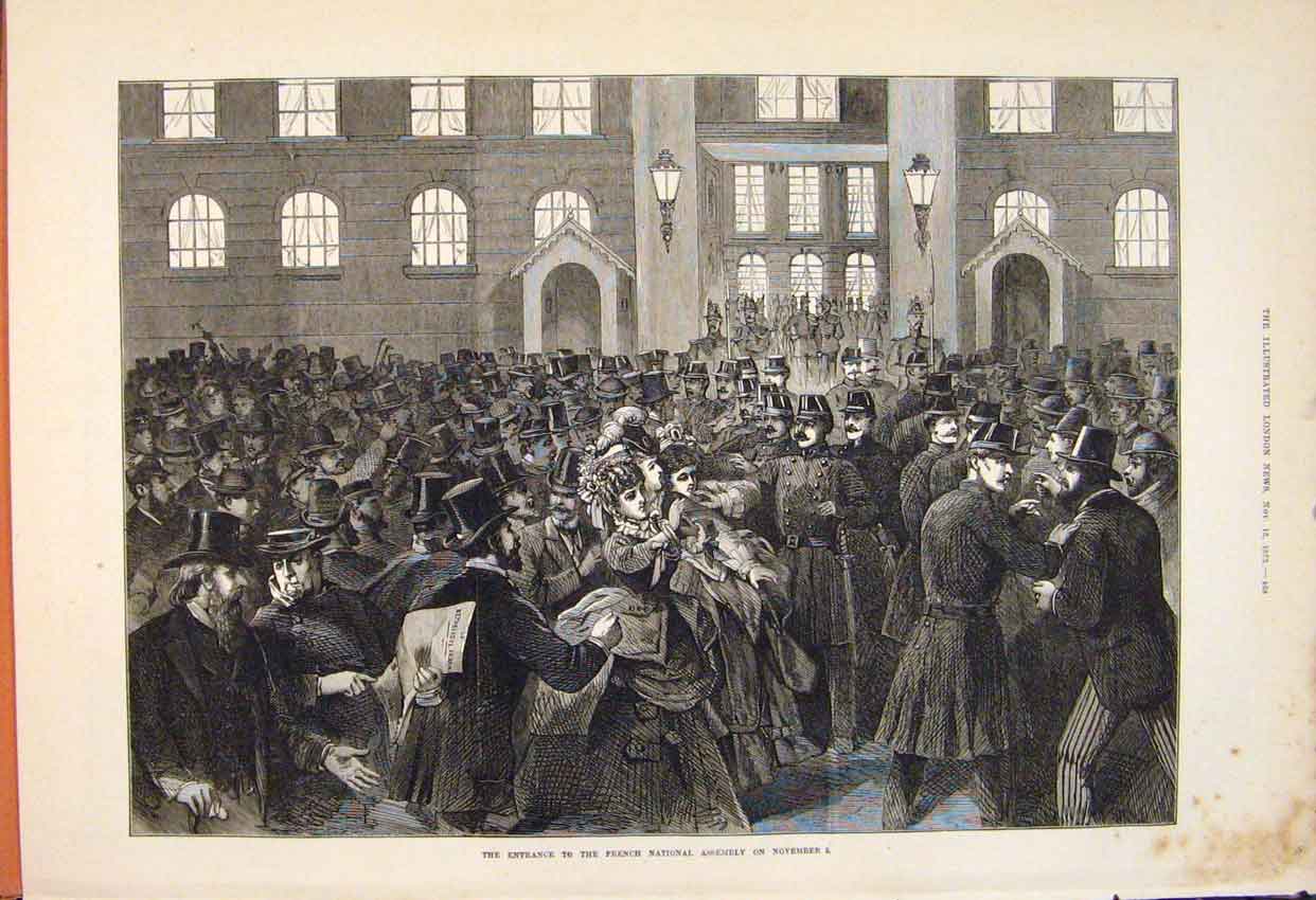 Original Old Antique Print French National Assembly Entrance Crowd 1873 19th