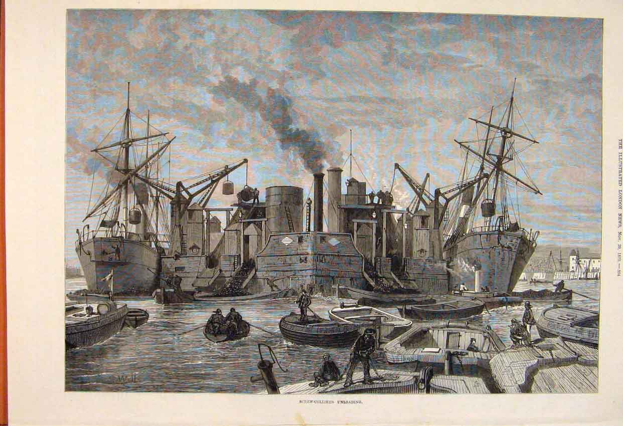 Original Old Antique Print Screw Colliers Unloading Coal Ships Dock 1873 19th
