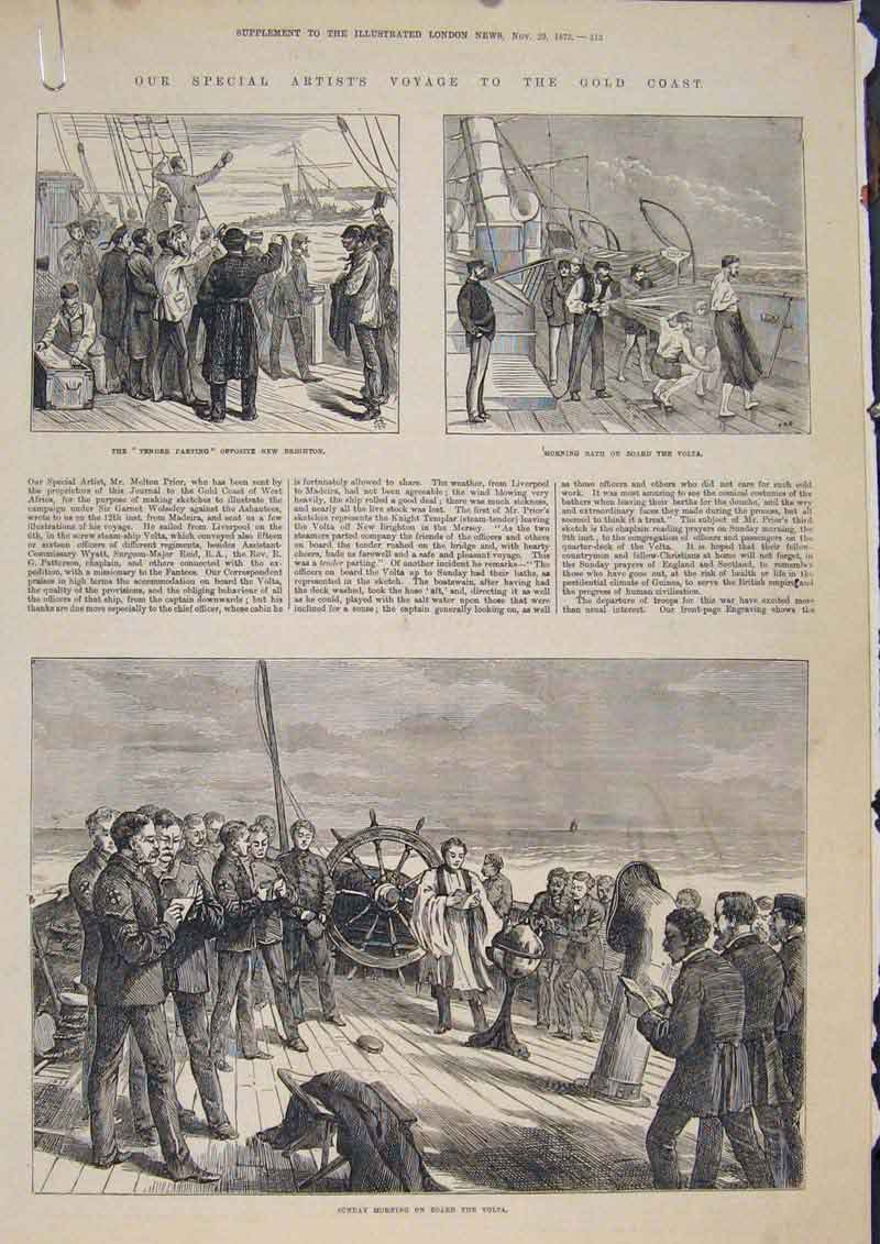 Original Old Antique Print GCoast Volta Ship Brighton War Baring 1873 Victorian