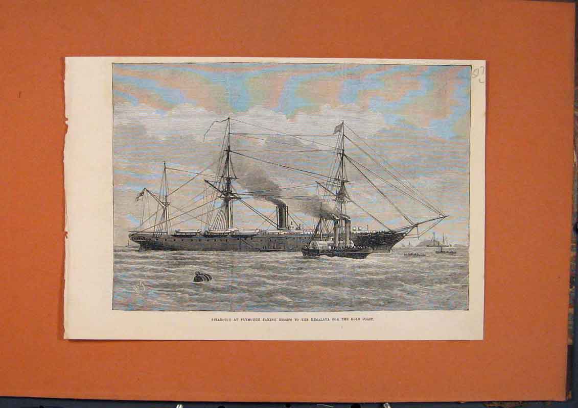 Original Old Antique Print Staem Tug Plymouth Troops Himalaya GCoast 1873 19th