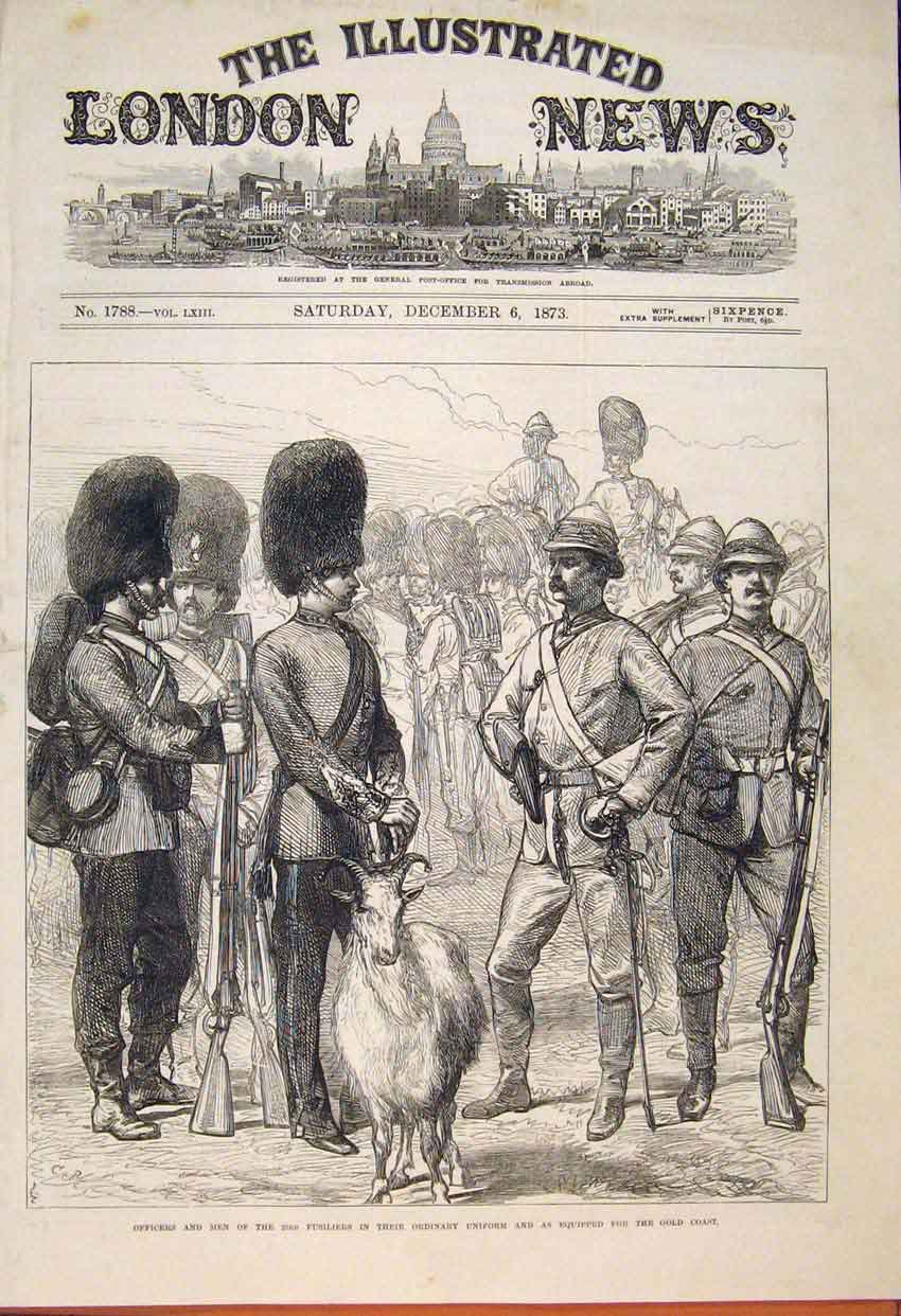 Original Old Antique Print Ficers Men Fusiliers Uniform GCoast Africa 1873 19th