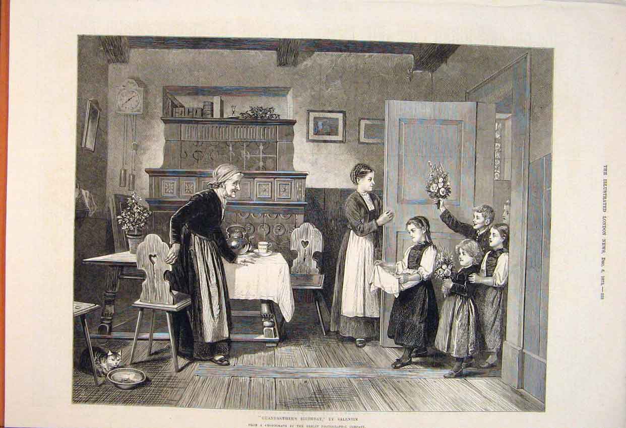 Original Old Antique Print Grandmother'S Birthday Salentin Fine Art 1873 Pritn