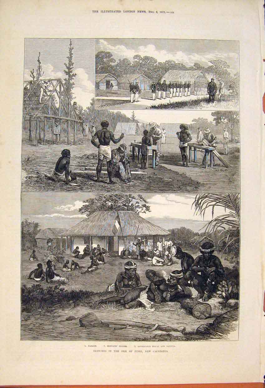 Original Old Antique Print Sketches Isle Pines New Caledonia Parade Natives 1873