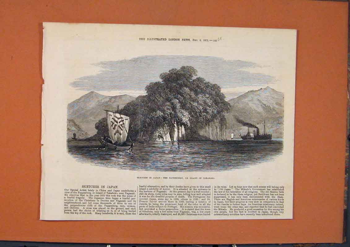Original Old Antique Print Sketches Japan Pappenberg Takaboko Island 1873 19th