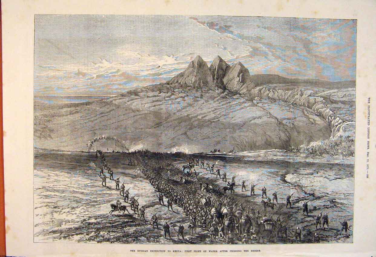 Original Old Antique Print Russian Expedition Khiva Water Desert Troops 1873