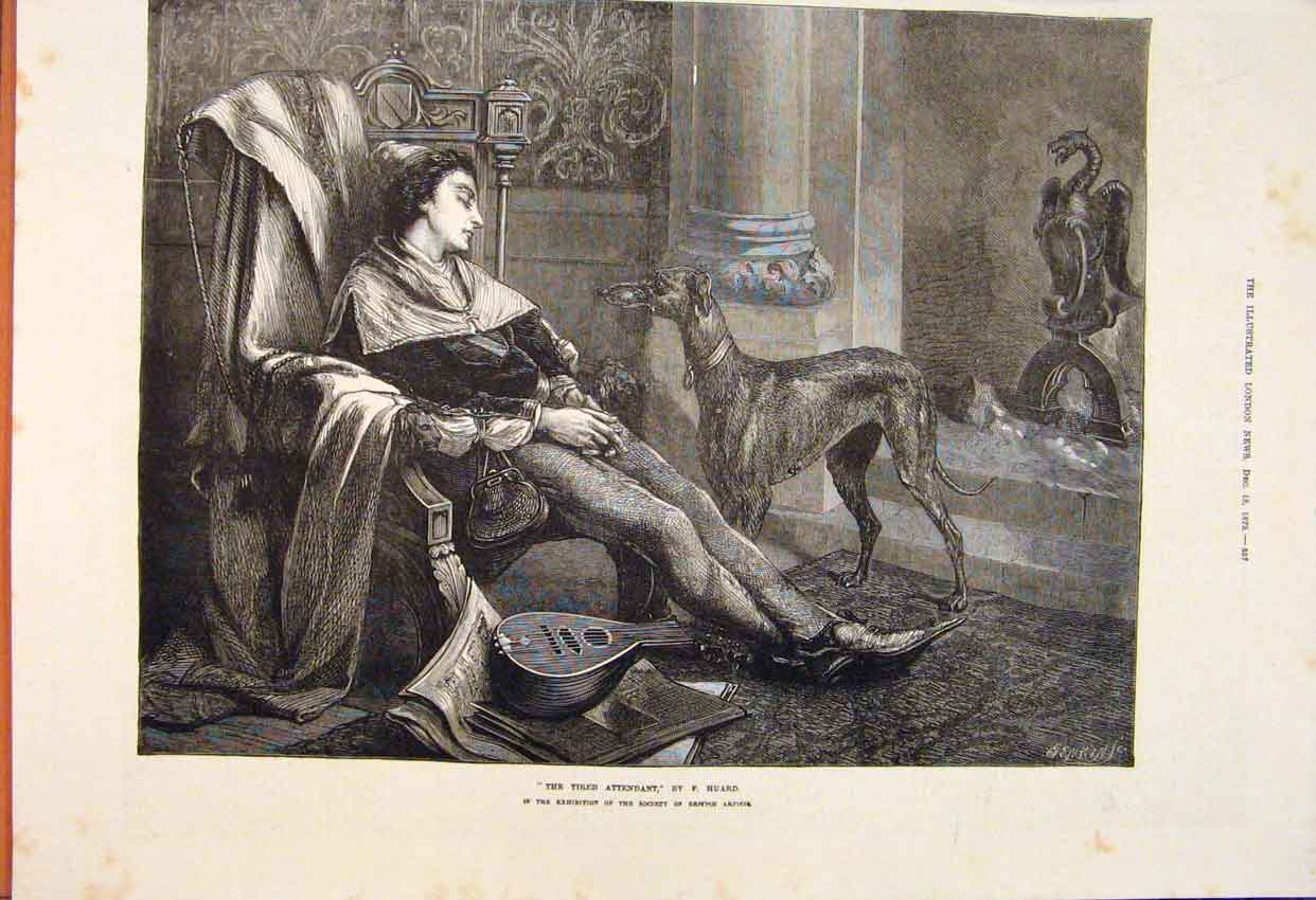 Original Old Antique Print Third Attendant Huard Dog Master Musician 1873 19th