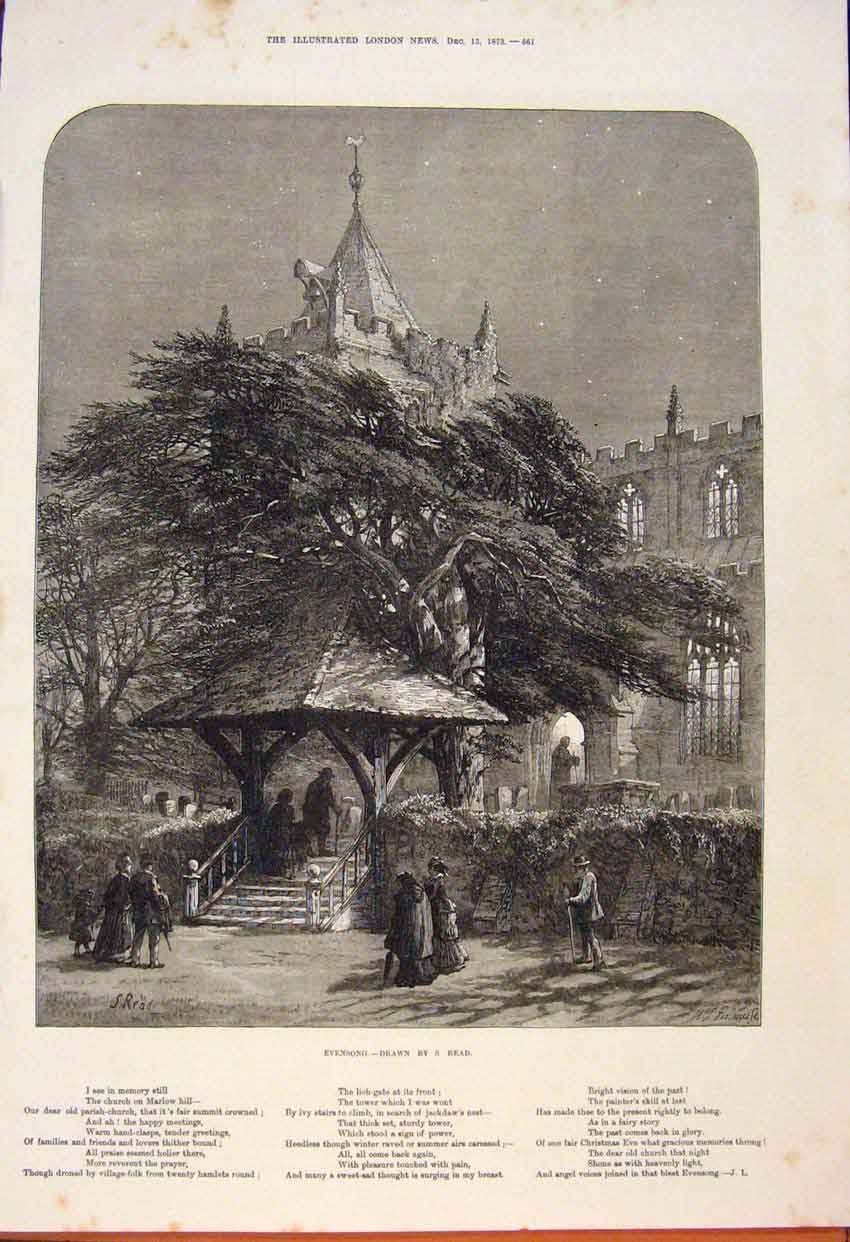 Original Old Antique Print Evensong Read Church Cathedral Marlow 1873 Victorian