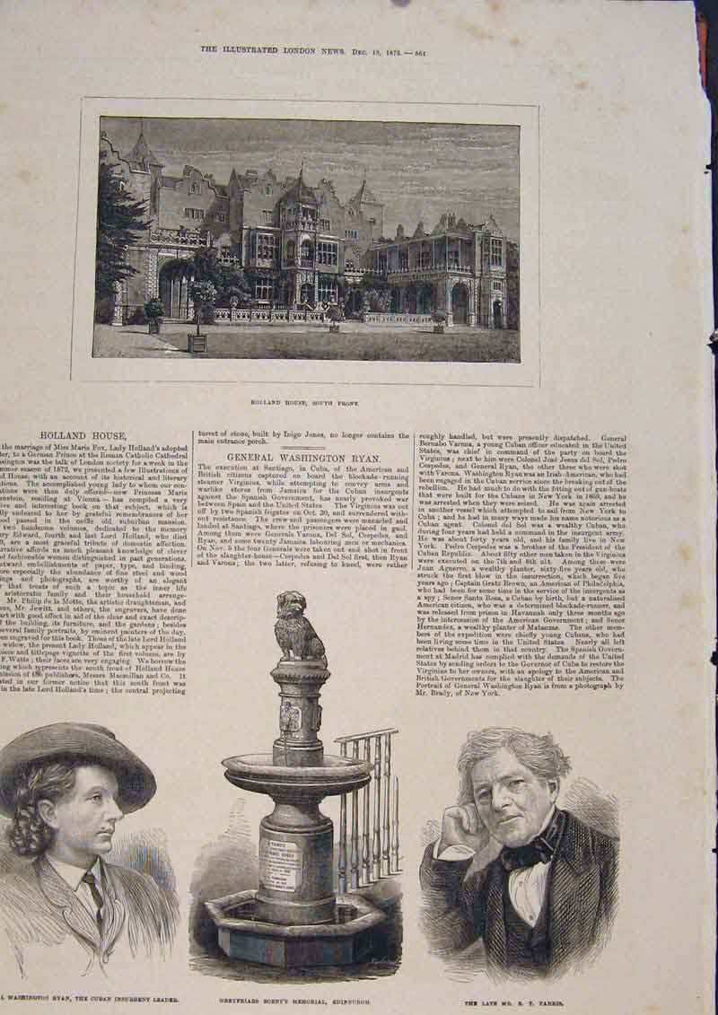 Old Antique Print Holland House Portrait Ryan Parris Cuba Edinburgh 1873 19th