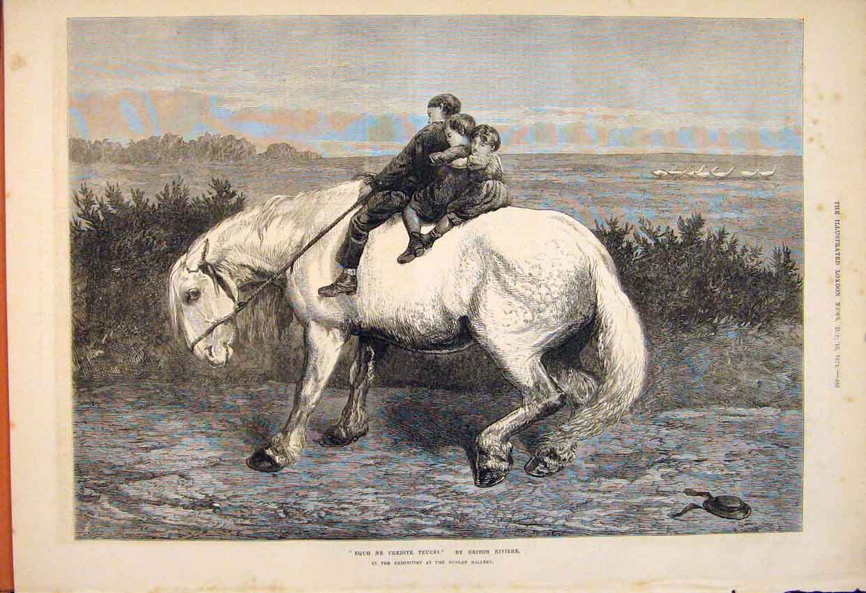Original Old Antique Print Equo Ne Credite Teucri Riviere Horse Children Art