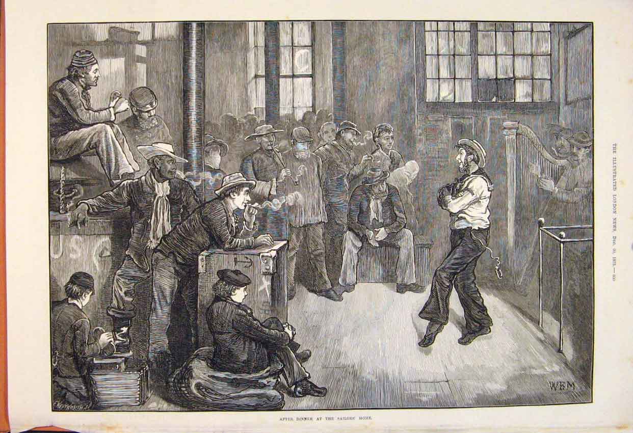 Original Old Antique Print Dinner Sailors Home Entertainment 1873 19th