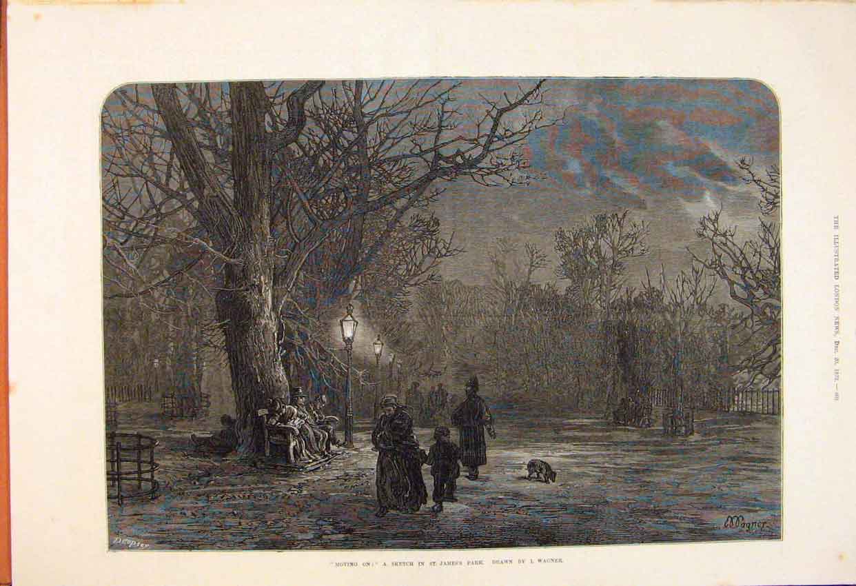 Original Old Antique Print Sketch St James'S Park Wagner Fine Art 1873 Victorian