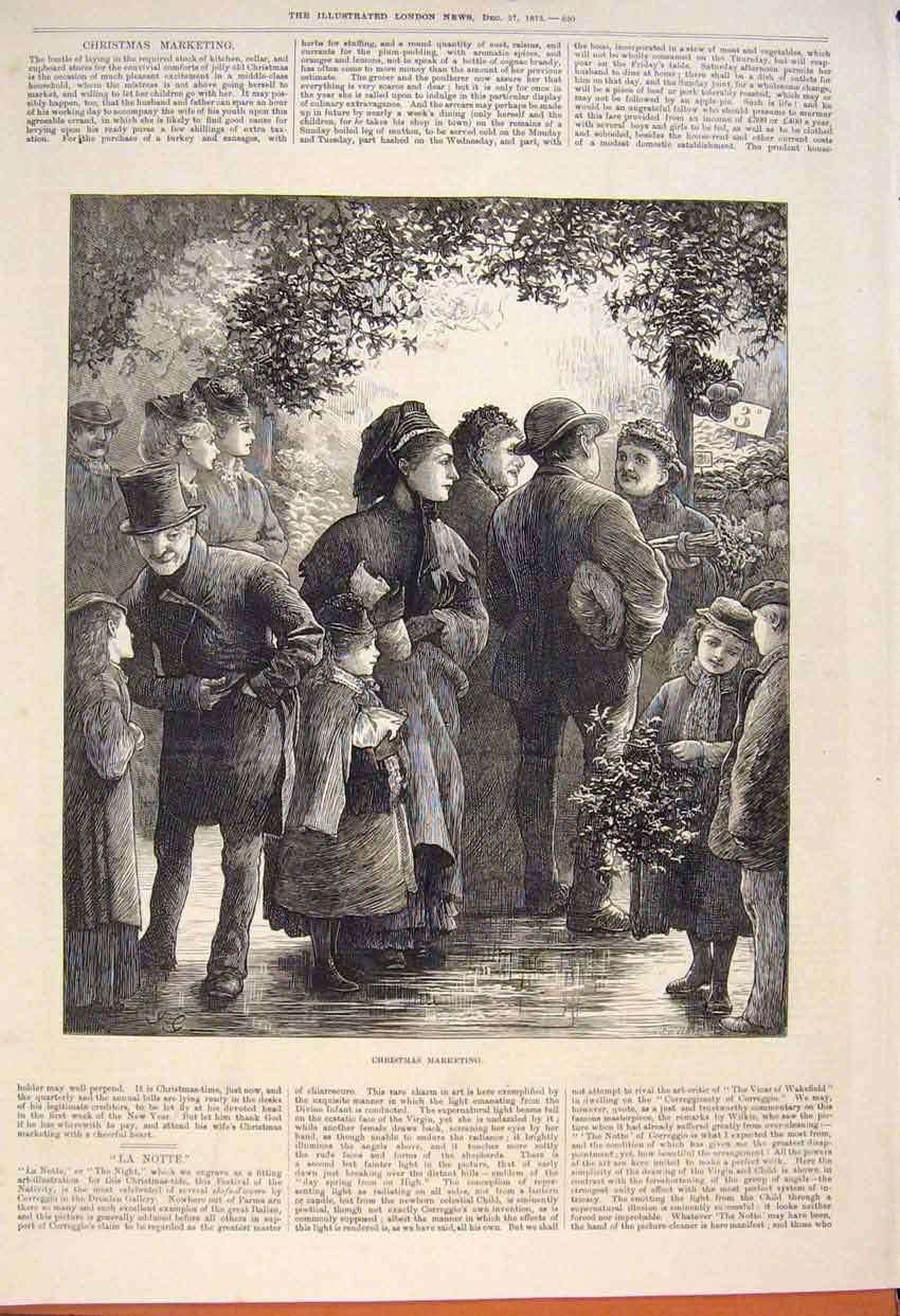 Original Old Antique Print Christmas Marketing Market Mistletoe 1873 Victorian