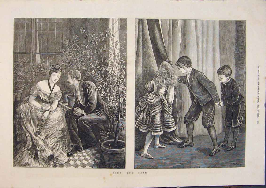 Original Old Antique Print Sketches Hid Seek Hopkins Children Fine Art 1873 19th