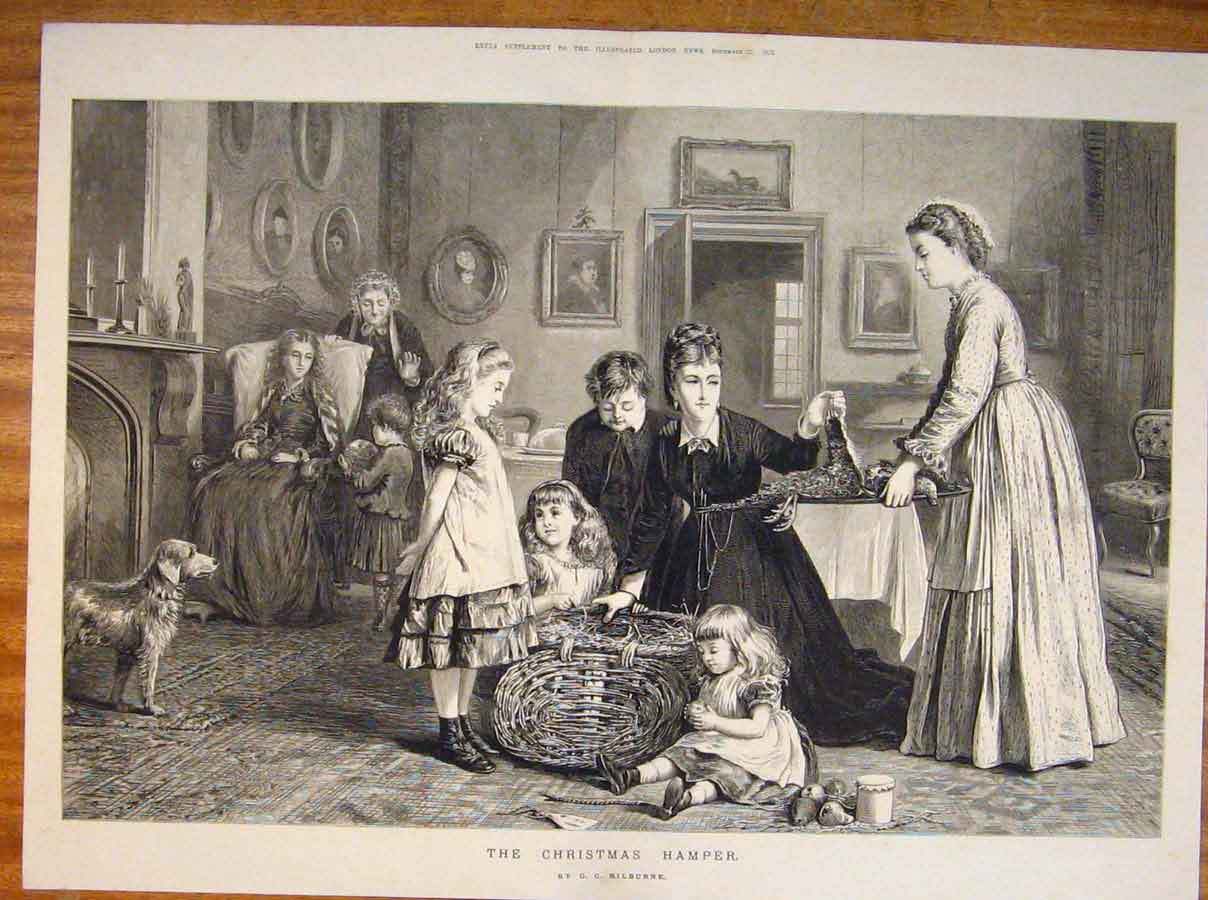 Old Antique Print Christmas Hamper Kilburne Family Children Fine Art 1873 19th