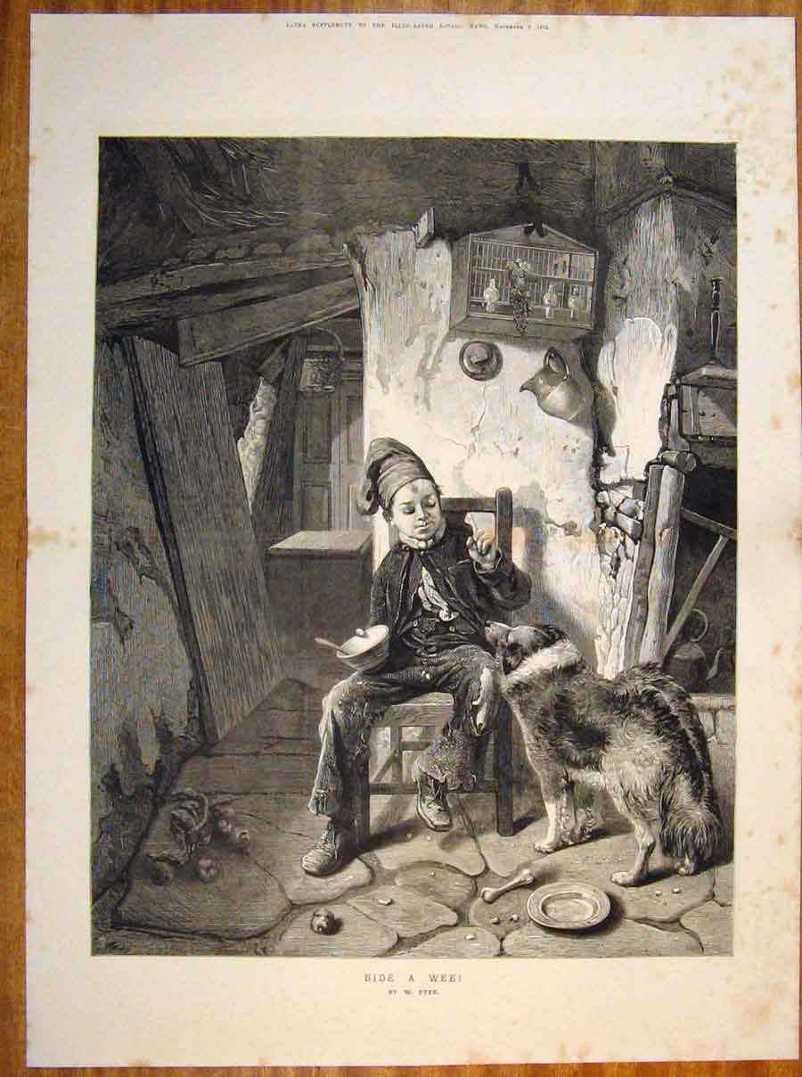 Original Old Antique Print Bide Wee Fyfe Child Boy Dog Dinner Fine Art 1873