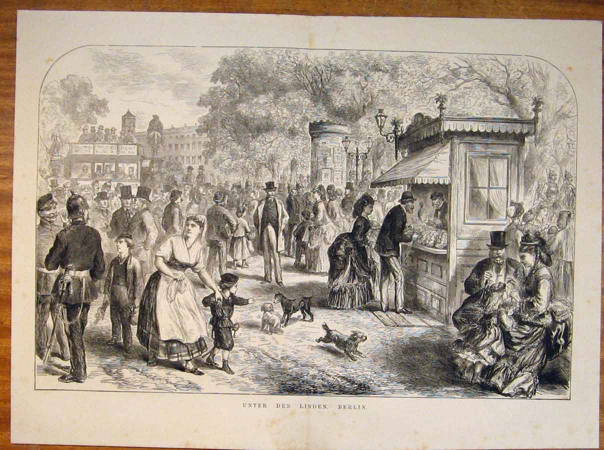 Original Old Antique Print Unter Den Linden Berlin Germany Market Street 1873